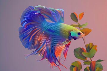 Fototapeta premium Vibrant betta fish gracefully swims among colorful leaves in a dreamlike underwater scene