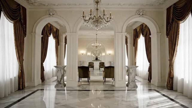 Classic grand interior architecture with polished marble floor, sparkling crystal chandeliers, majestic archways, elegant wall accents, and luxurious drapes