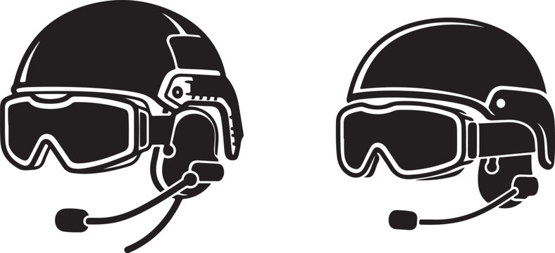 Two black and white illustrations depict vintage pilot helmets with attached goggles and microphones