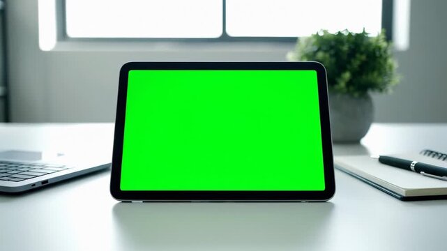Tablet with green screen display on minimalist office desk for digital interface replacement, website mockup, and corporate software demonstration in a modern professional workspace environment.