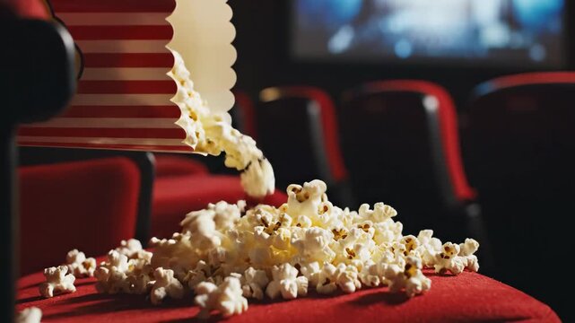 Spilling popcorn from striped container onto cinema seat in dark movie theater during projection of film, concept of entertainment cinema experience