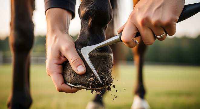 A person cleaning a horse's hoof with a tool in a serene green field outdoors close-up view