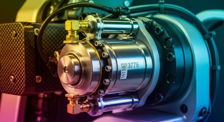 Photorealistic macro view of a complex hydraulic actuator and piston system detailing shiny mechanical components on a sophisticated robotic arm, precise, system, modern