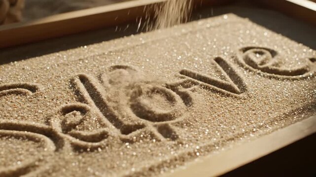 Self-love word carefully written in glittering golden sand within a smooth wooden frame, illustrating a concept of inner peace and personal growth.