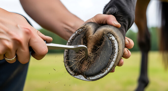 Veterinarian carefully cleaning a horse's hoof with a tool in a green meadow