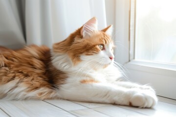 Obraz premium Ginger turkish van cat lounges by window, enjoying sunny afternoon light and dreamy thoughts