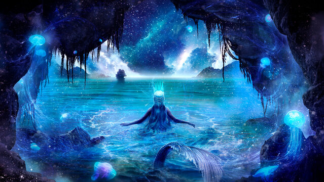 The ice queen of the mermaids swims in a cave by the pier, freezing the water around. She is a sorceress who looks into the distance at the starry sky and the ship sailing in the distance. 2D fantasy 