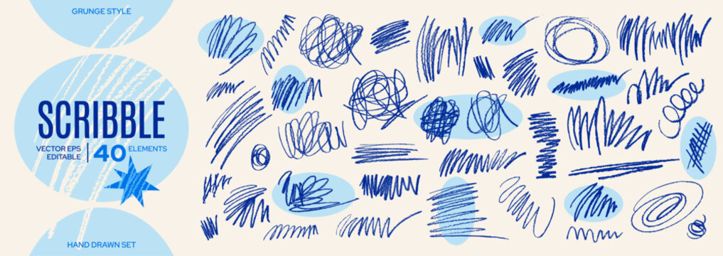 Scribble messy pen marker line. Doodle set. Squiggle pencil texture. Expressive blue school scribble. Sketch brush handwriting element. Paint crayon thick messy marker squiggle vector png. Grunge bg