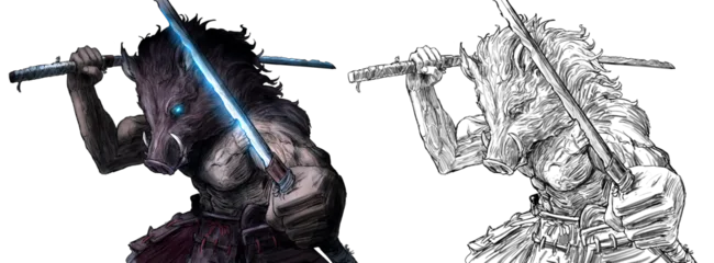 A stink with a kobane head and jagged shiny katanas. The beastman stands in an epic pose with sharp swords at the ready, his eyes shining with blue light and his muscles bulging with tension. 2d art.  © warmtail