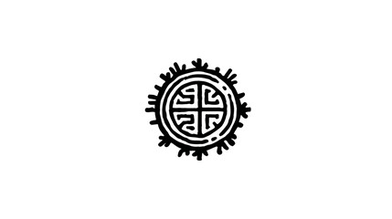 A monochrome illustration features a stylized, circular design with an inner cross motif