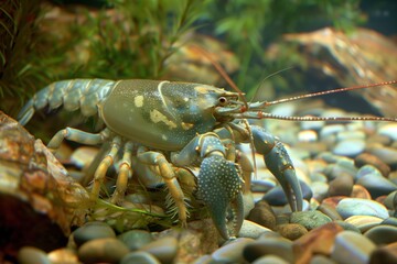 Colorful crayfish exploring a vibrant underwater habitat filled with pebbles and greenery during a sunny afternoon