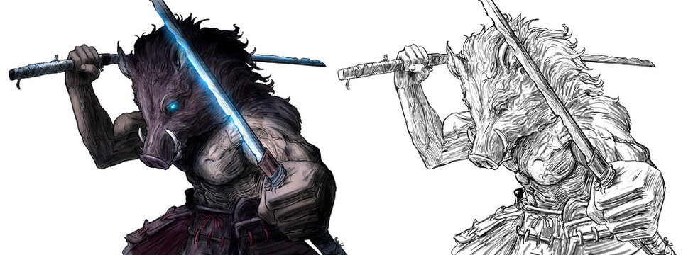 A stink with a kobane head and jagged shiny katanas. The beastman stands in an epic pose with sharp swords at the ready, his eyes shining with blue light and his muscles bulging with tension. 2d art. 