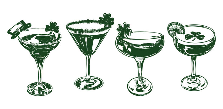 St Patrick Shamrock Martini Cocktail Set Illustration