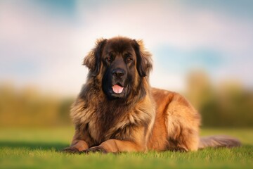 Obraz premium Fluffy Leonberger dog rests peacefully on green grass under a bright sky during a sunny afternoon
