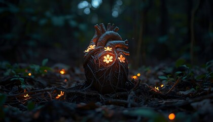 Human heart anatomy with glowing flowers in dark forest, nature hybrid concept