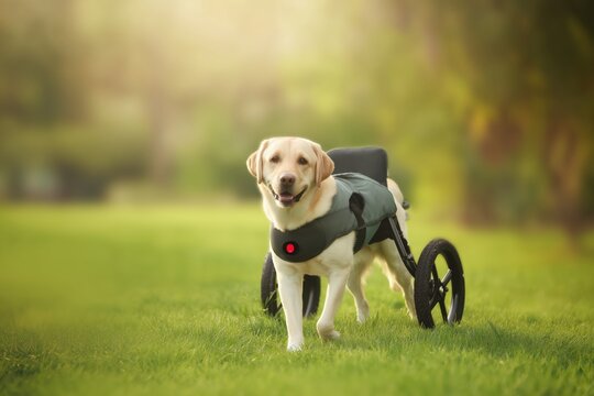 Smiling dog enjoys the sun on a warm afternoon in the park while using a mobility cart