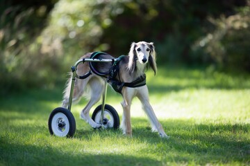 Saluki Dog explores a sunny park with a custom wheelchair, embracing joy and freedom in its playful stride