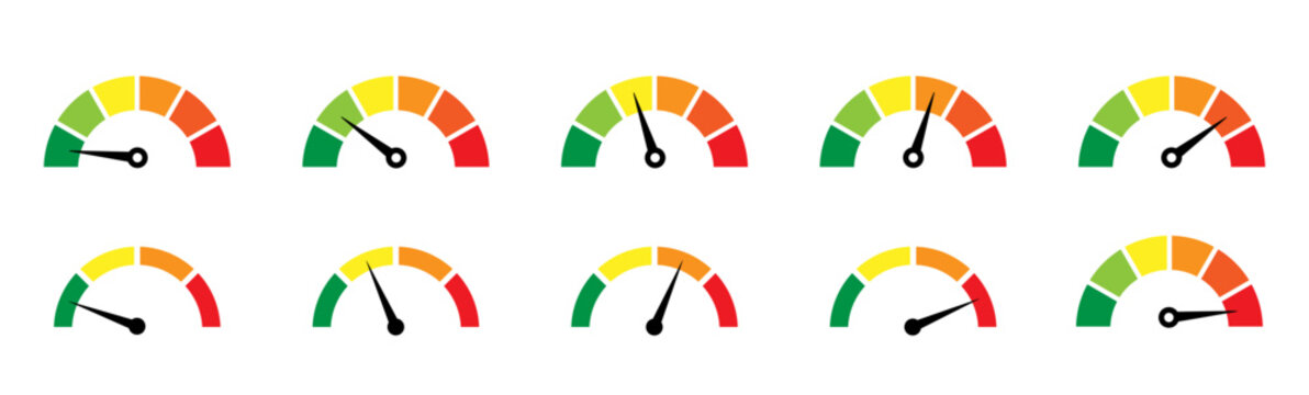 Risk meter icon set. Risk concept on speedometer. Set of gauges from low to high.  Vector illustration.