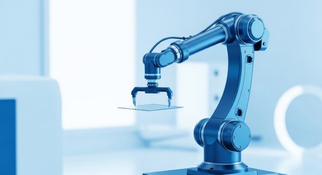 Precision robotic arm carefully handles silicon wafers inside an automated, sterile, highly advanced semiconductor manufacturing cleanroom facility, microchip, precision, sterile