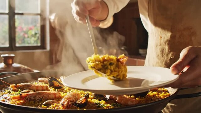 Chef Serves Freshly Made Seafood Paella from a Large Pan onto a White Plate in a Rustic Kitchen