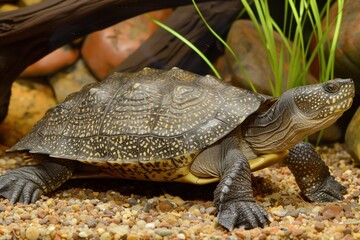 Fototapeta premium Beautiful spotted softshell turtle exploring its colorful underwater habitat in a serene aquarium setting