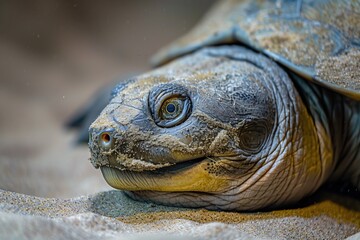 Obraz premium softshell Turtle resting on sandy shore, enjoying the warmth of the sun beneath clear blue skies