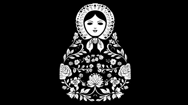 Black and white illustration of a Matryoshka doll adorned with floral patterns and a lace bonnet