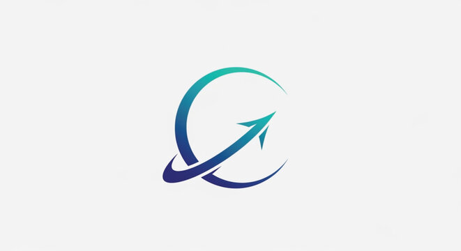 Professional aerospace logo featuring a sleek rocket silhouette soaring through a circular blue and teal orbit. This minimalist vector design captures the essence of motion, global travel, and space.