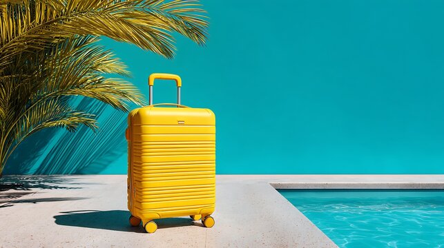 Elegant poto of A bright yellow suitcase sits by a swimming pool next to a palm tree on a sunny day.