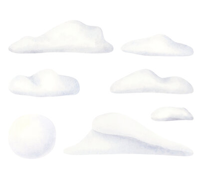 White snowdrifts and snowball watercolor illustration set. Hand drawn snow hills or clouds elements for winter landscape designs and Christmas greetings. North wintertime nature isolated clip art