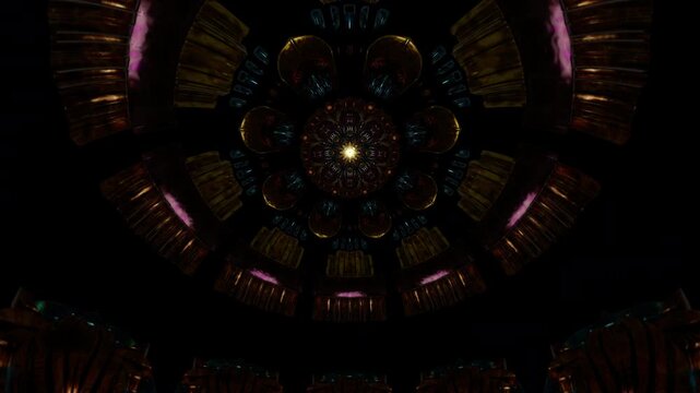 Divine circular temple ceiling radiating healing light from a sacred core, immersive mandala architecture inspired by Tibetan monasteries and peaceful cathedral atmospheres
