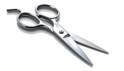Obraz premium Shiny, steel scissors lie open on a white surface, reflecting light