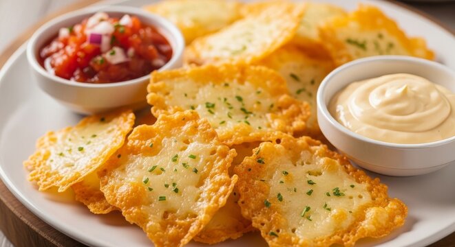 Golden, crispy cheese crisps (frico) seasoned with herbs, served on a white plate with bowls of fresh tomato salsa and creamy dipping sauce. A delicious, low-carb appetizer perfect for snacking.
