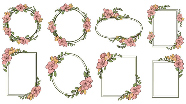 Collection of various floral frames and borders in circular, oval, and rectangular shapes with pink freesia flowers.