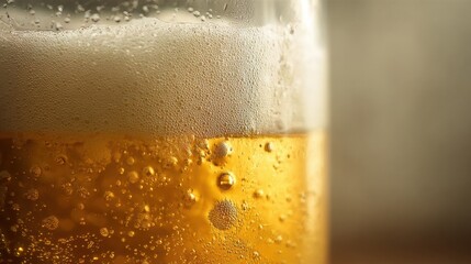 close up macro of golden beer in glass with frothy head, minimalistic composition, soft natural light, shallow depth of field, condensation on glass