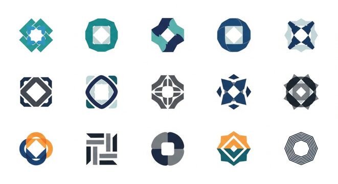 This collection of professional geometric logos features a variety of abstract shapes including circles, squares, and star-like icons. These versatile vector symbols are designed with clean lines.