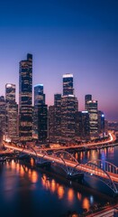 Fototapeta premium Panoramic wide view of a vast metropolitan skyline at night, featuring glowing towers, illuminated riverfront bridges, and deep cinematic urban atmosphere, panoramic, vibrant, vast