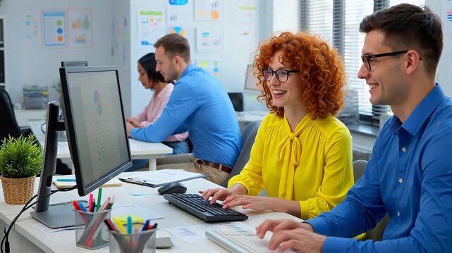 office workers collaborating on computer