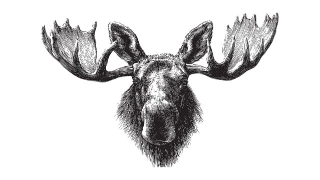 Detailed black and white illustration of a majestic moose head with large antlers