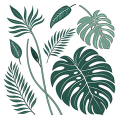 Extensive collection of stylized green leaf graphics, including tropical, forest, and garden varieties in multiple sizes, simple flat design, clean white backdrop. 2
