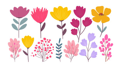 Obraz premium Collection of colorful, stylized flowers and plants in a flat design style