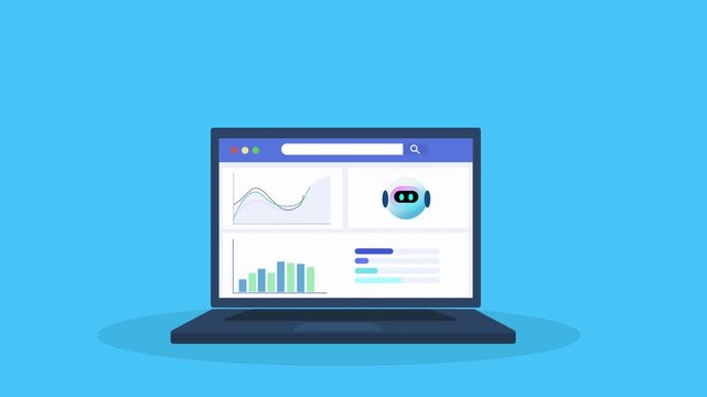 Animated laptop displaying system visibility dashboard interface with charts and viewing icon, representing data observation, analytics monitoring, and digital system control.
