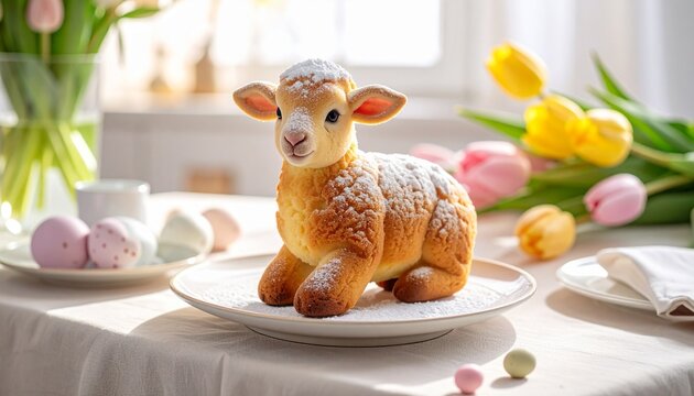 Osterlamm mit Puderzucker auf Fr&uuml;hlings-Ostertisch