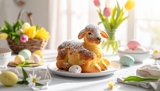 Osterlamm mit Puderzucker auf Fr&uuml;hlings-Ostertisch