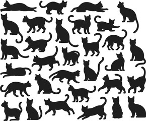 Obraz premium Large black cat silhouette collection isolated on white background, multiple feline poses cartoon style vector illustration set