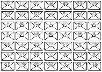 49 envelope shapes with numbers (sum of 1000 one thousand, no currency) isolated over white (transparent) background as a money saving challenge printable sheet / tracker; svg vector file