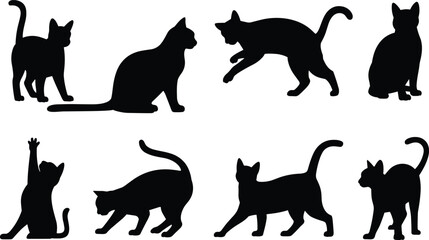 Black cat silhouette collection isolated on white background, various feline poses cartoon style vector illustration set © Aurati