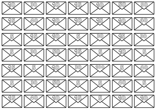 49 envelope shapes with numbers (sum of 1000 one thousand, no currency) isolated over white (transparent) background as a money saving challenge printable sheet / tracker; svg vector file