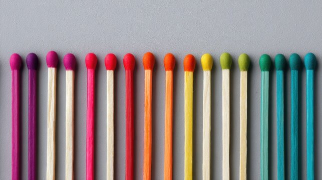 hyper realistic colorful matchsticks arranged in clean parallel lines on light gray background, strong graphic rhythm, macro detail, minimalist