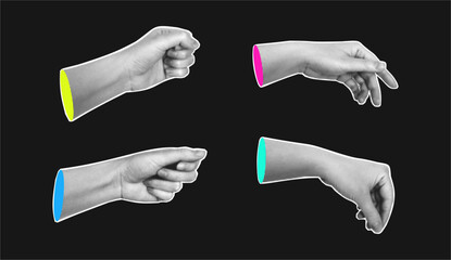 Halftone hand set in grayscale style. Vecto palms with fingers, monochrome gestures of giving or taking. Help or assistance sign. Non verbal communication, bodyare movements. Speech or convey emotions